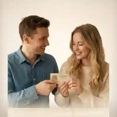 Ein lachelndes Paar halt eine gravierte Holz-Geschenkkarte mit der Aufschrift Gutschein 25 Euro als rundes Bubble Navigationsbild.