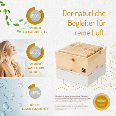 ZirbenLüfter Cube II mini Produktdetails und Funktionsbeschreibung - 3 Stufen, LED-Licht, für Räume bis 40 m²