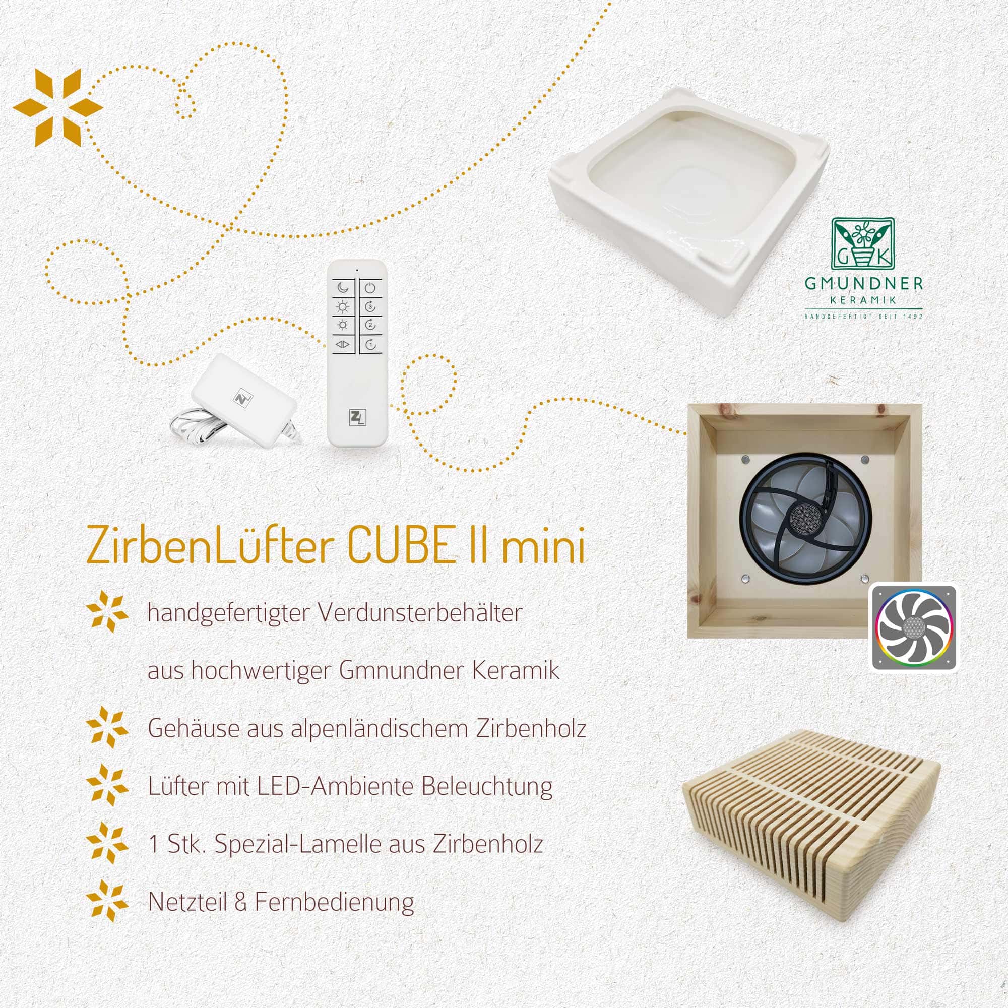ZirbenLüfter Cube II mini 2
 technische Details und Anwendungsbereiche - handgefertigt in Österreich mit Zirbenholz