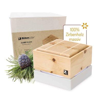 ZirbenLüfter Cube II technische Details und Anwendungsbereiche - handgefertigt in Österreich mit Zirbenholz Verpackung