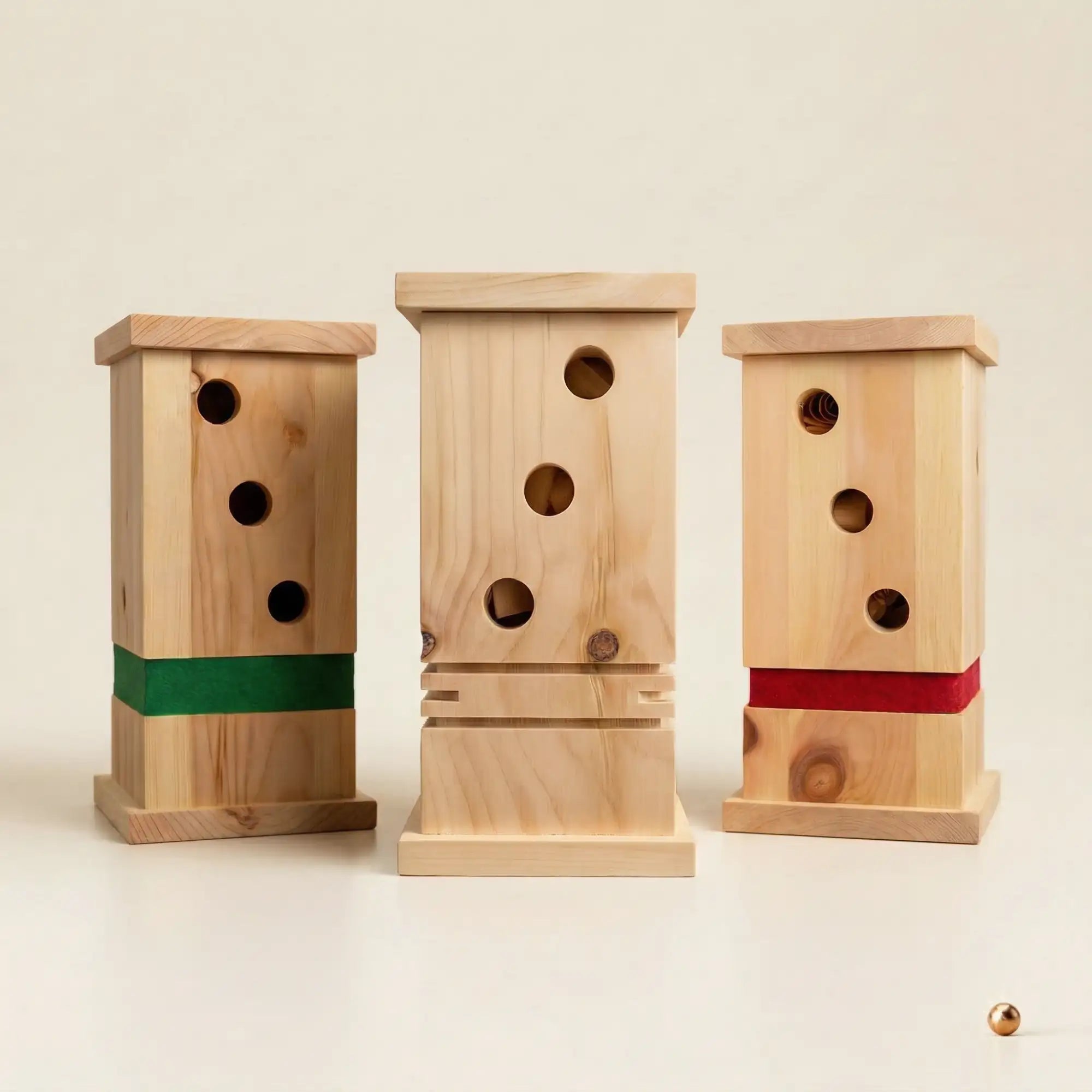 Zirben-Dufttuerme aus regionalem Holz zeigen die natuerliche Variation in Maserung und Farbe jedes Unikats.