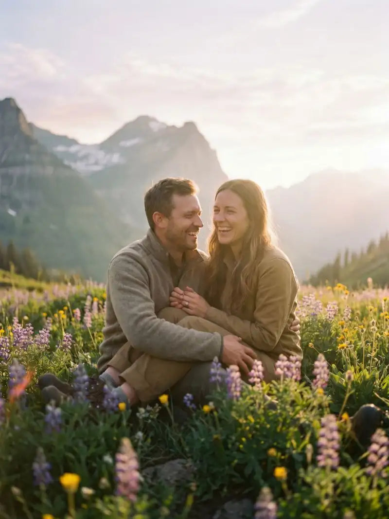 Ein glueckliches Paar sitzt lachend auf einer alpinen Blumenwiese mit lila Lupinen vor den Tiroler Bergen als Kategoriebild fuer Fotogeschenke Zirbe und Wellness bei GeschenkeReich.