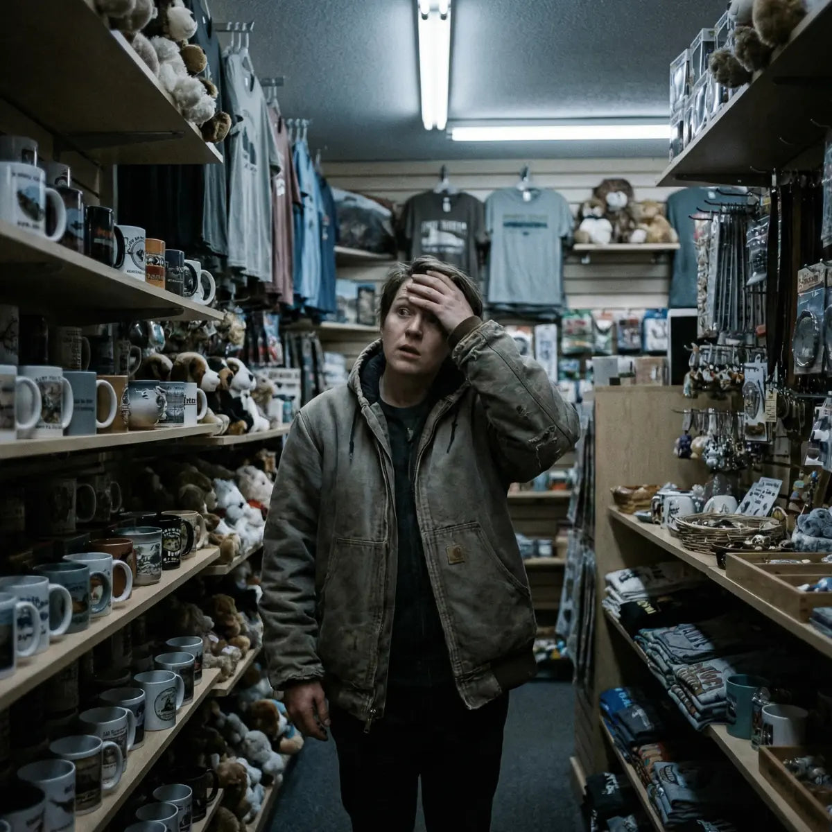 Ueberforderte Person in einem dunklen Laden vor vollen Regalen – Stress bei der Geschenksuche ohne persoenliche Beratung