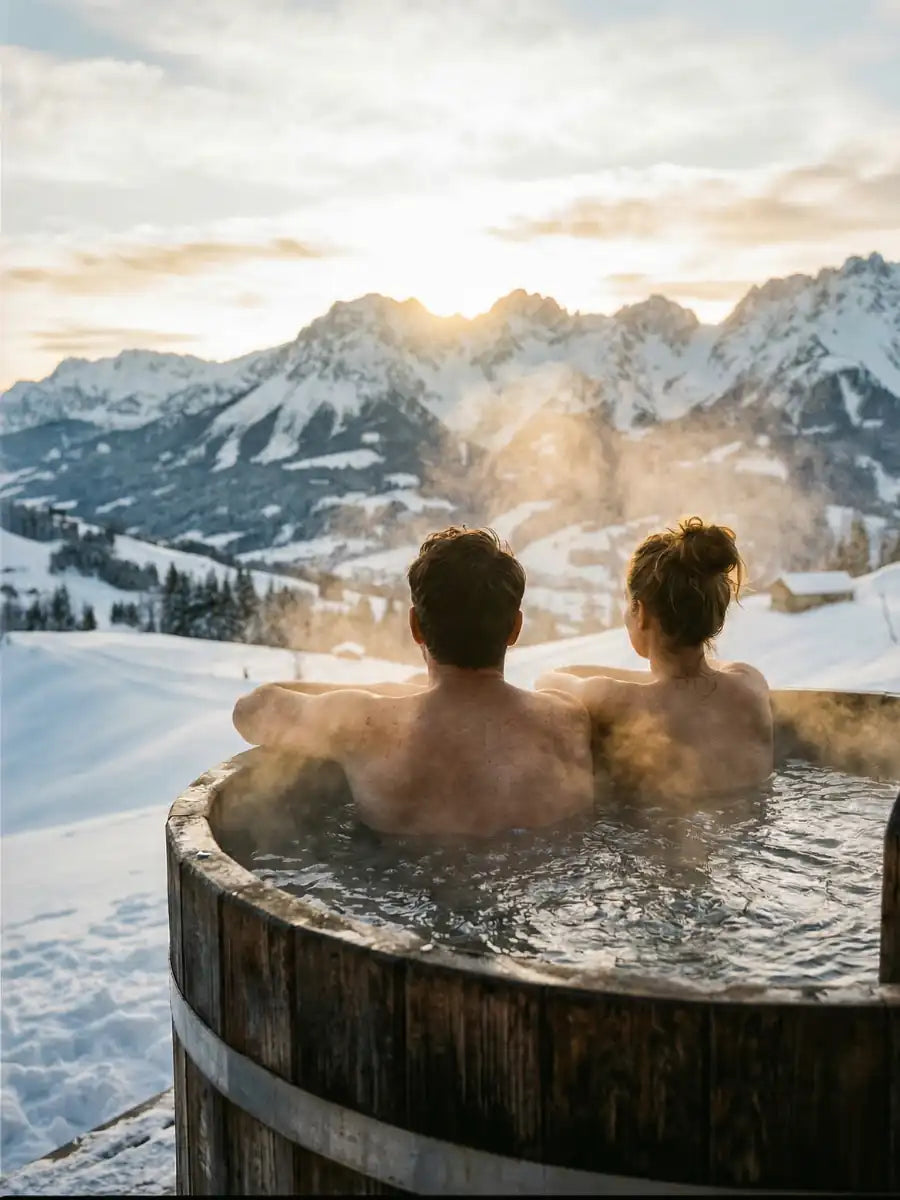 Paar genießt Sonnenaufgang im rustikalen Hotpot über Kitzbuehel. Inspiration für Selfcare und Geschenke von GeschenkeReich.