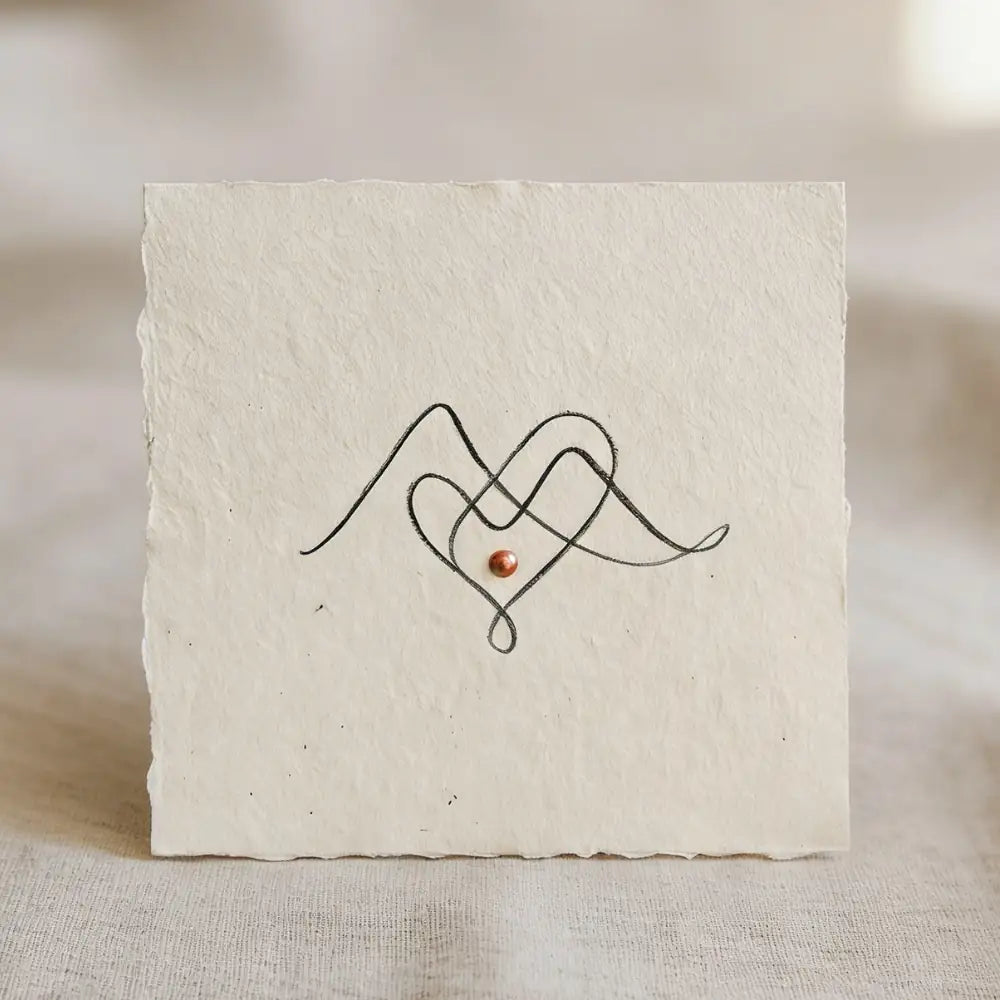 Zwei ineinandergreifende Berg-Herzen als Single‑Line‑Zeichnung auf beigem, handgeschoepftem Papier.
