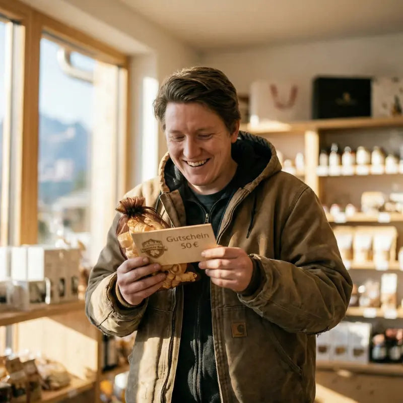 Vitaler, gluecklicher Mann mit handveredeltem GeschenkeReich Gutschein und Zirbensaeckchen in heller Kitzbueheler Boutique – die perfekte Geschenkidee.