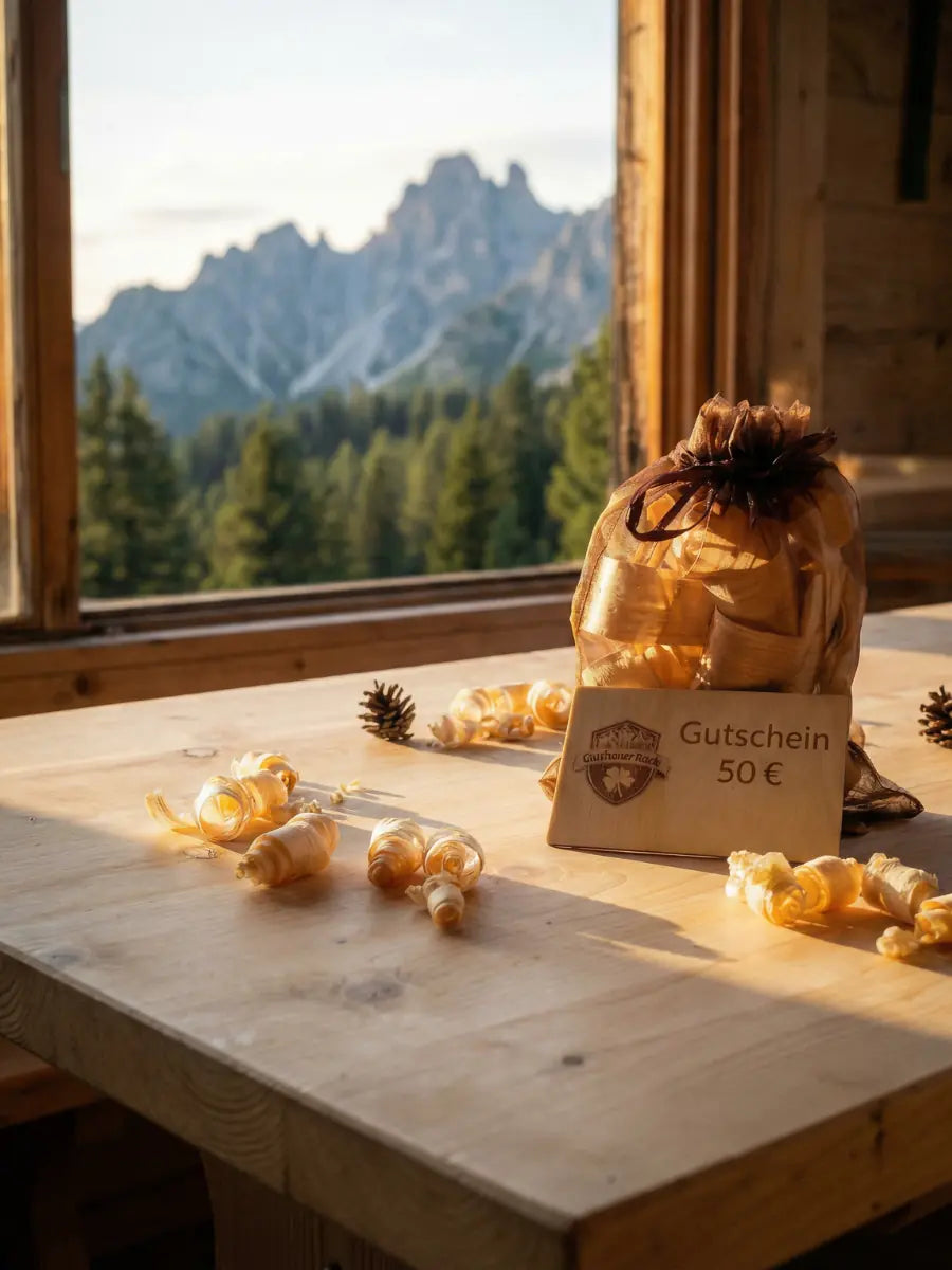 Gutschein von GeschenkeReich auf Zirbenholz mit Blick auf den Wilden Kaiser – handveredelte Qualitaet aus der Kitzbueheler Kreativwerkstatt.