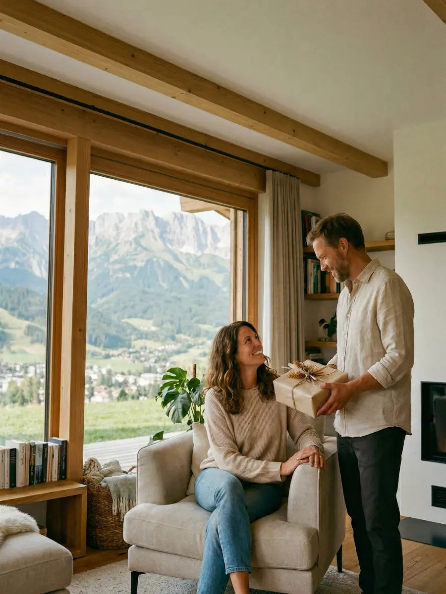 Paar bei Geschenkuebergabe Zirbenprodukt im Wohnzimmer mit Blick auf den Wilder Kaiser und Kitzbuehel.