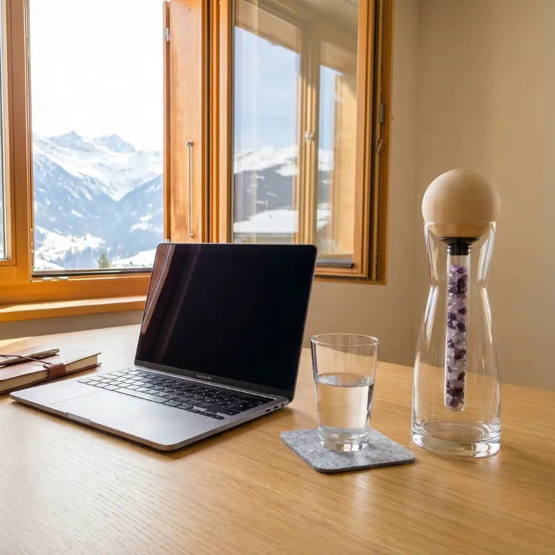 Glaskaraffe Set mit Zirbenkugel Tiroler Adler und Edelsteinstab auf aufgeräumtem Schreibtisch vor dem Wilden Kaiser in Kitzbühel.