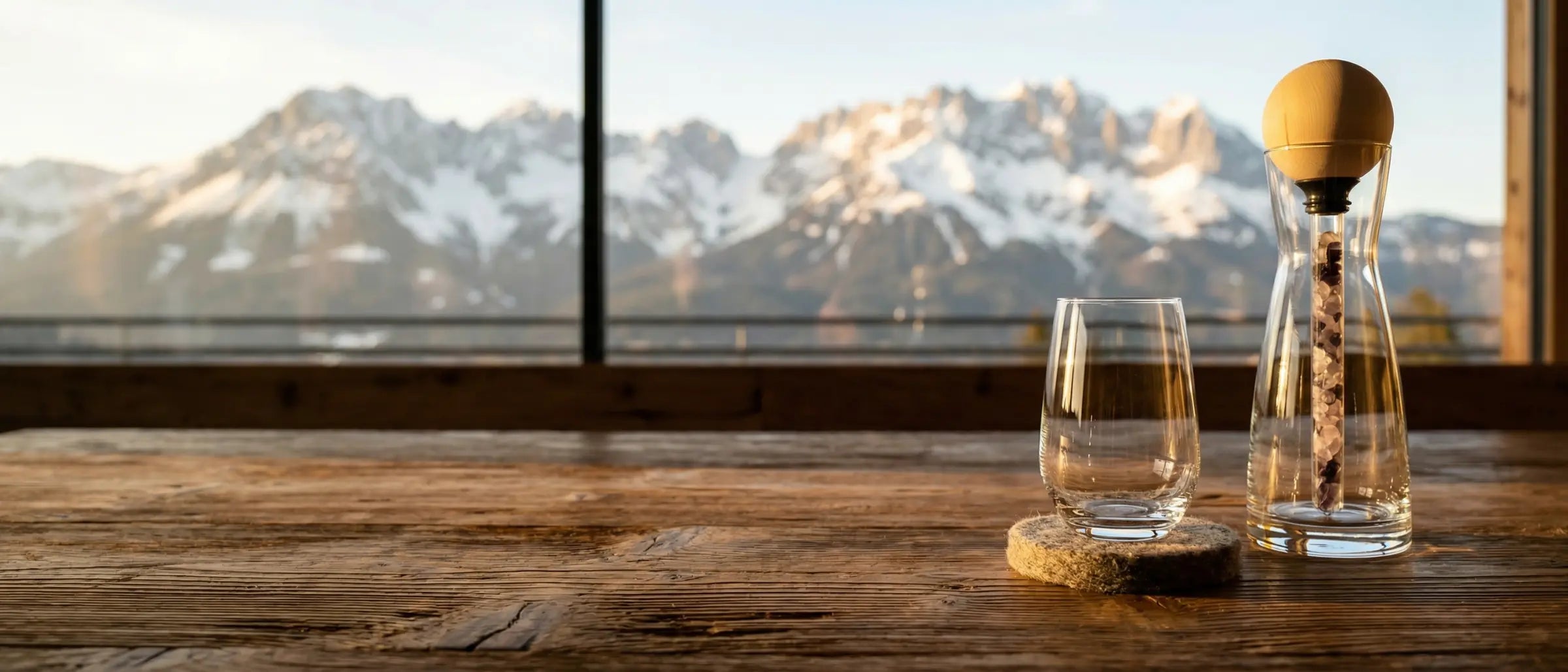 Glaskaraffe Set mit Zirbenkugel & Edelsteinstab vor dem Wilden Kaiser in Kitzbuehel.