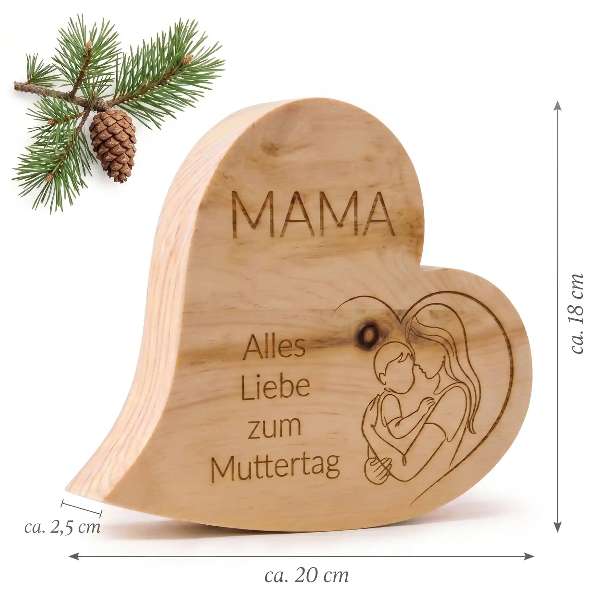Zirbenherz Mutterliebe aus Holz mit Gravur und sichtbaren Massen als Geschenk fuer Mama.