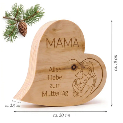 Zirbenherz Mutterliebe aus Holz mit Gravur und sichtbaren Massen als Geschenk fuer Mama.