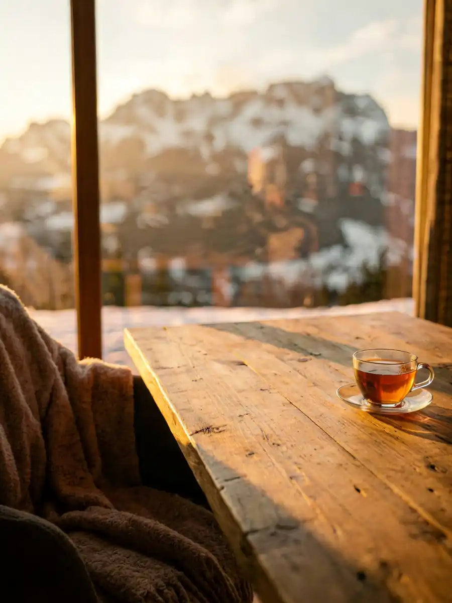 Blick aus einem Chalet auf das Kitzbueheler Horn bei Sonnenuntergang fuer die Kitz-Edition von Geschenkereich.
