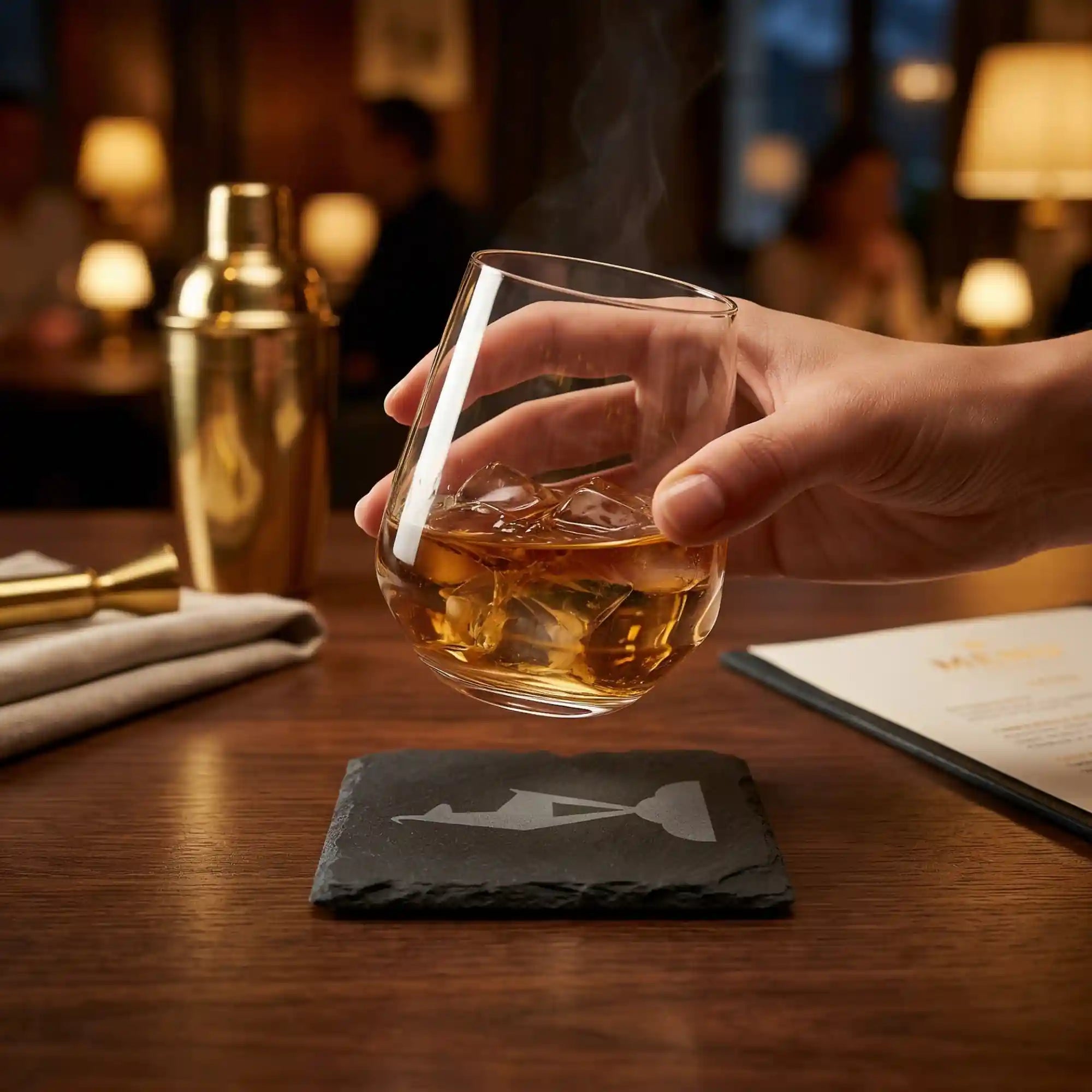 Hand mit Whiskyglas auf Schiefer Untersetzer mit Kitzbuehel Gams Gravur in eleganter Bar Szenerie.