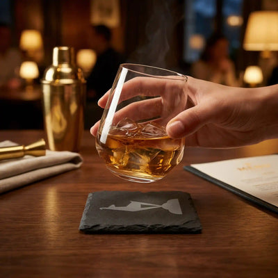 Hand mit Whiskyglas auf Schiefer Untersetzer mit Kitzbuehel Gams Gravur in eleganter Bar Szenerie.