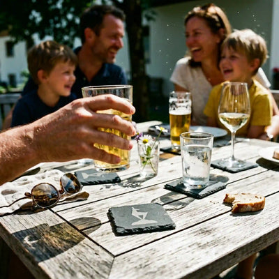 Familiengruppe am Holztisch mit Schiefer Untersetzer und Kitzbuehel Gams Gravur im Vordergrund.