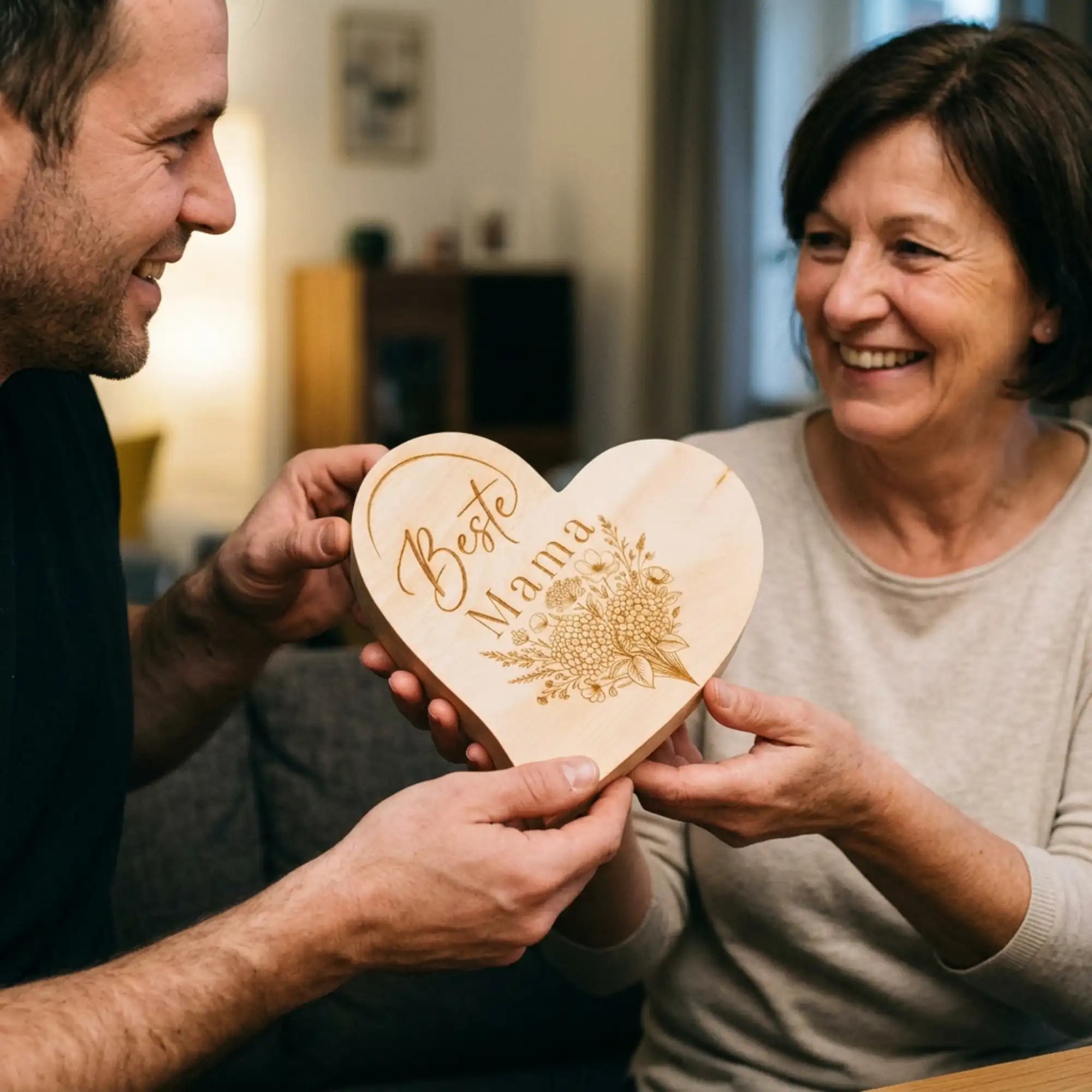 Sohn ueberreicht seiner Mutter ein Zirbenholzherz mit der Gravur Beste Mama und Blumen als Geschenk zum Muttertag.