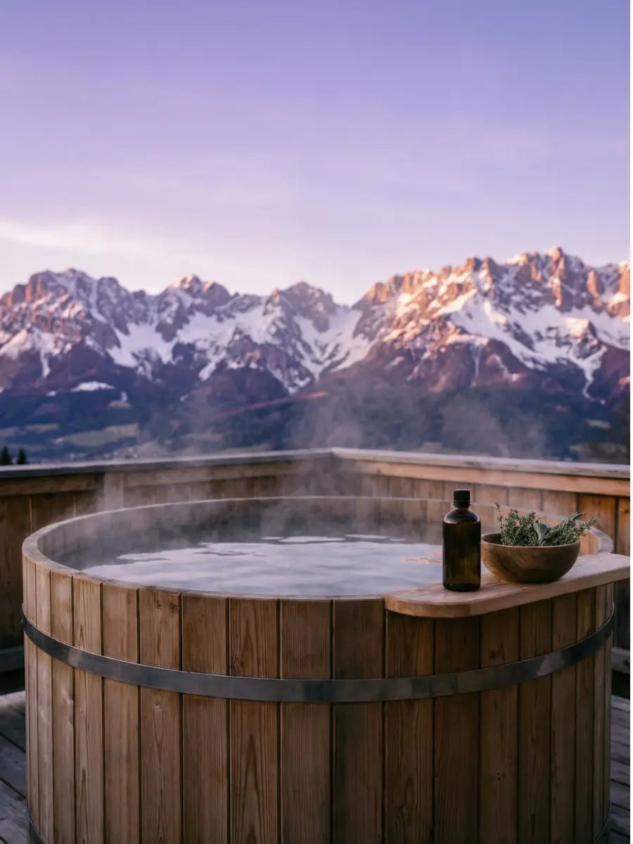 Dampfender Badezuber auf einer Laerchenholz-Terrasse in Kitzbuehel mit Blick auf den Wilden Kaiser bei Sonnenuntergang, dekoriert mit Bio-Zirbenoel und alpiner Naturkosmetik.