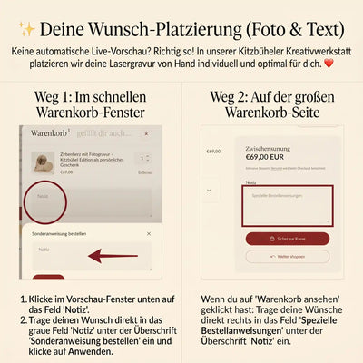 Anleitung fuer ein personalisiertes Geschenk mit Lasergravur. Wunsch fuer Foto und Text im Warenkorb von GeschenkeReich Kitzbuehel platzieren.