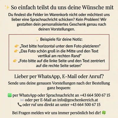 Optionen fuer ein personalisiertes Geschenk mit Lasergravur. Gravur-Wuensche direkt per WhatsApp oder E-Mail an GeschenkeReich Kitzbuehel.