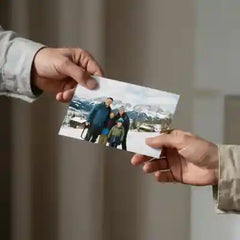 Zwei Haende reichen ein Familienfoto vor verschwommenem Hintergrund weiter als Symbol fuer personalisierte Zirbenprodukte und Schiefer Geschenke.