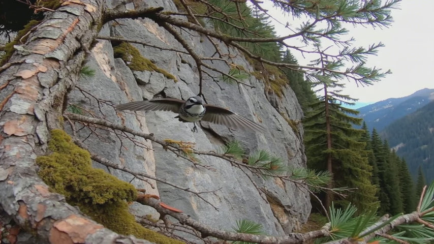 Video laden: Authentische Nahaufnahme eines Tannenhaeher im Zirbenwald - Der natuerliche Ursprung unserer Zirbenprodukte.