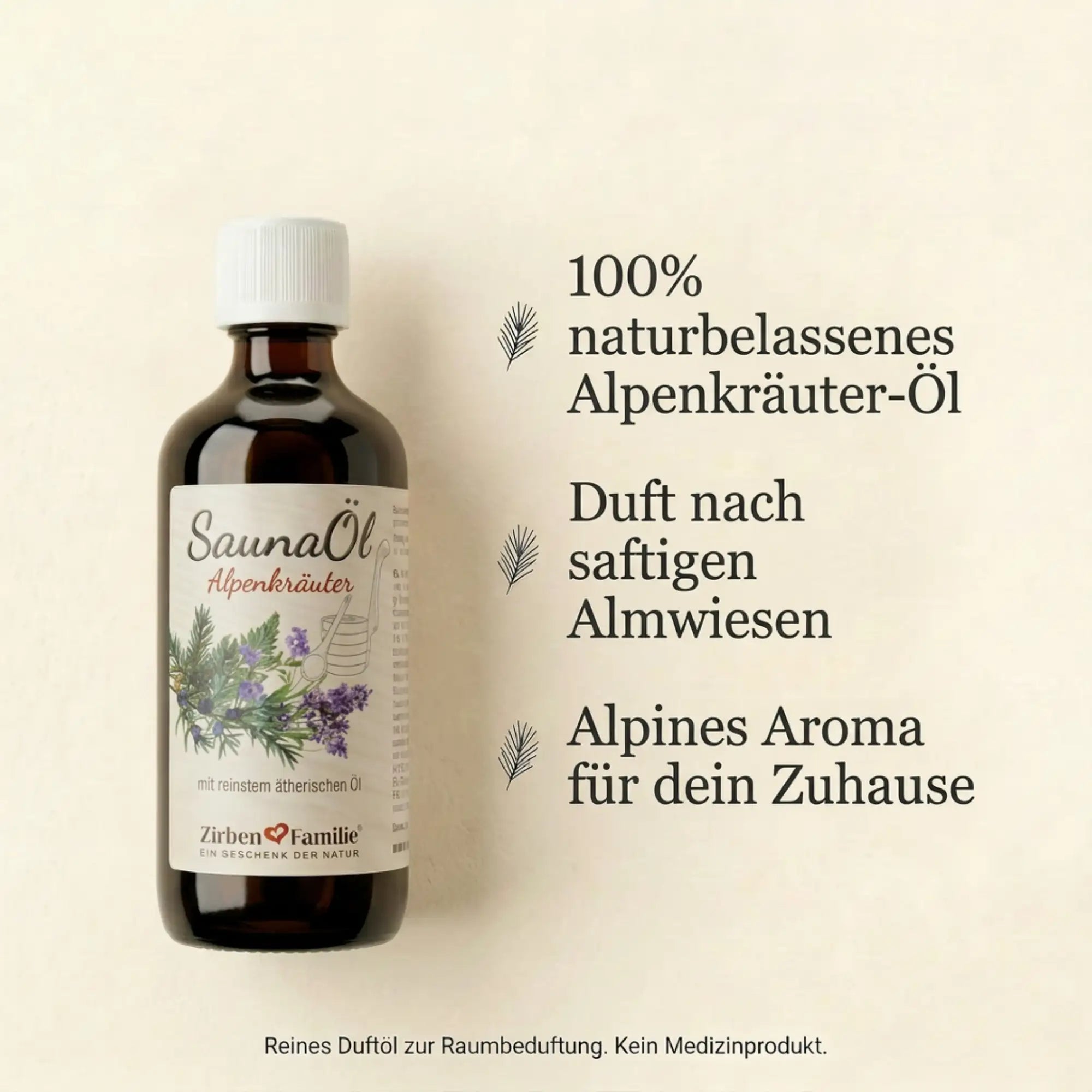 Minimalistische Infokarte zum Alpenkraeuter Saunaoel auf hellem Papier mit drei identischen Pflanzen-Symbolen.