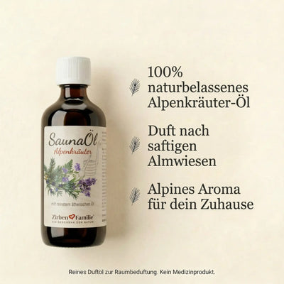 Minimalistische Infokarte zum Alpenkraeuter Saunaoel auf hellem Papier mit drei identischen Pflanzen-Symbolen.