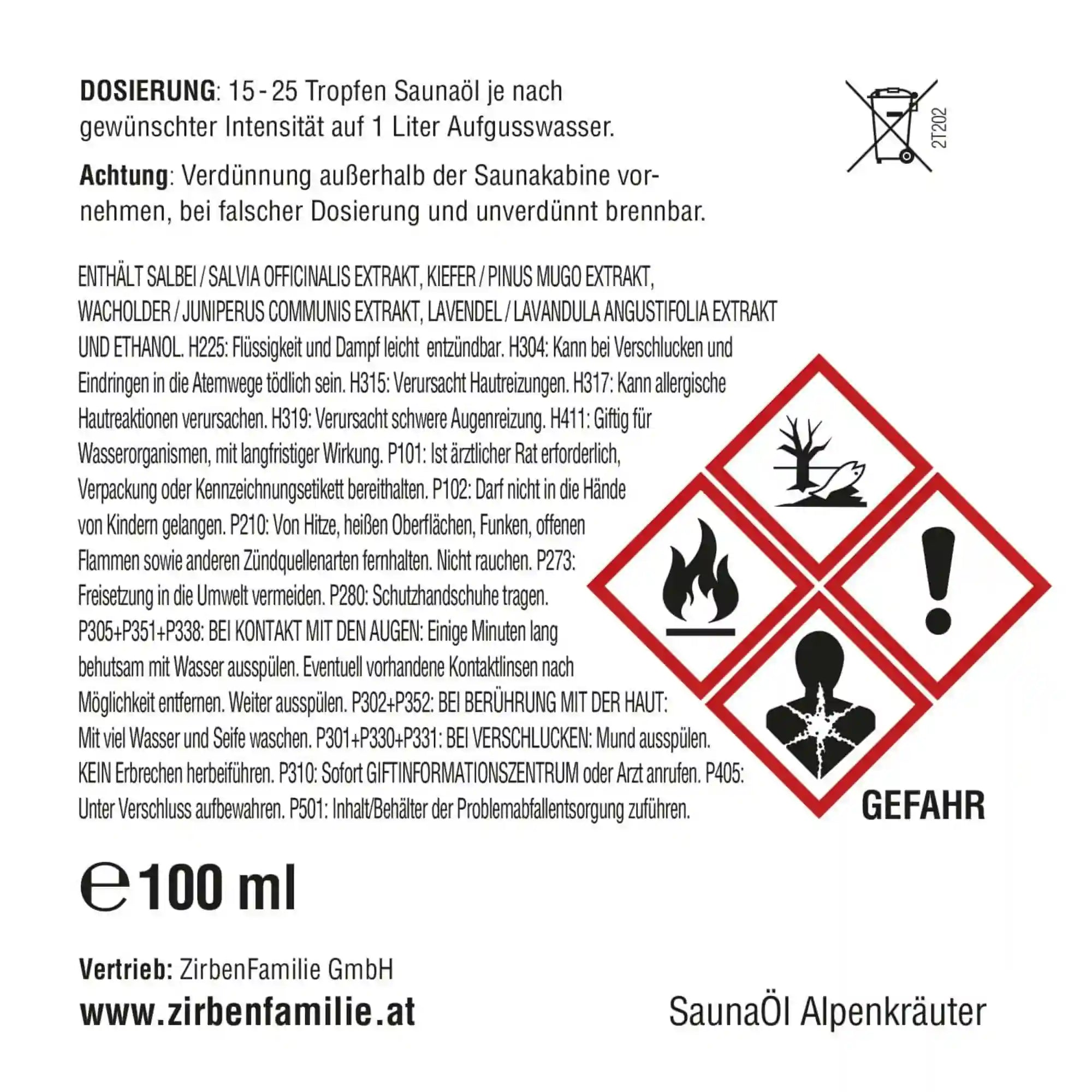 Rueckansicht der 100ml Saunaoel-Flasche Zirbe und Zitrone mit detaillierten Sicherheitshinweisen, CLP-Kennzeichnung und Inhaltsstoffen auf dem Etikett.