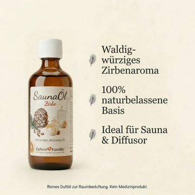 Produktkarte des 100ml Zirbenoels mit Text-Highlights zu 100% Naturbelassenheit, Wasserdampf-Destillation und alpinem Aroma.