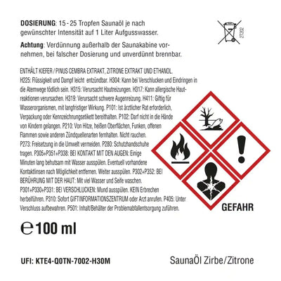 Rueckansicht der 100ml Saunaoel-Flasche Zirbe und Zitrone mit detaillierten Sicherheitshinweisen, CLP-Kennzeichnung und Inhaltsstoffen auf dem Etikett.
