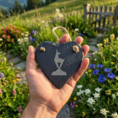 Schieferherz Kitzbuehel-Gams in der Hand vor Alpengarten, hochwertige Lasergravur.