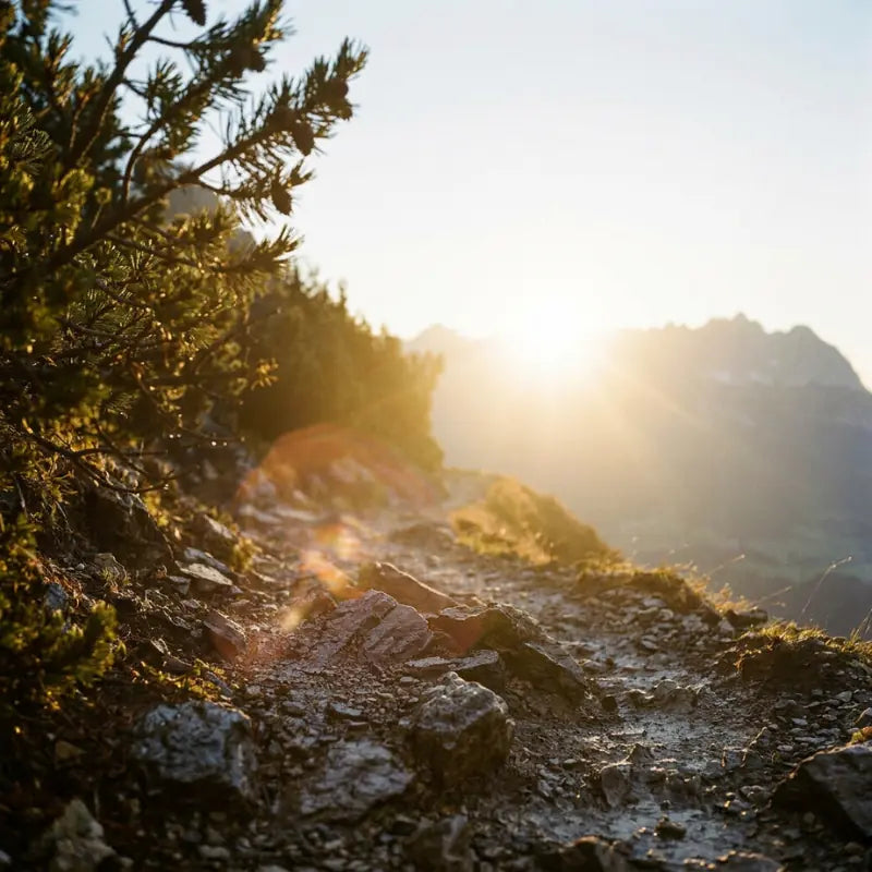 Strahlender Sonnenschein bricht durch den Nebel in den Kitzbueheler Alpen: Der identische Wanderpfad bei klarer Sicht als Symbol für das Finden des perfekten Geschenks im GeschenkeReich.