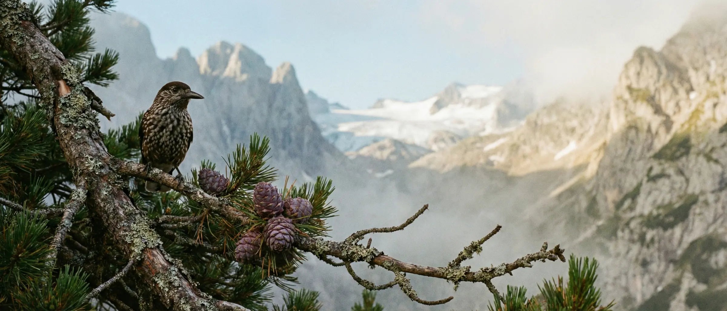 Tannenhaeher im Zirbenwald auf 2000m mit harzigen Zapfen – die natuerliche Herkunft der Zirbenprodukte von GeschenkeReich Tirol.