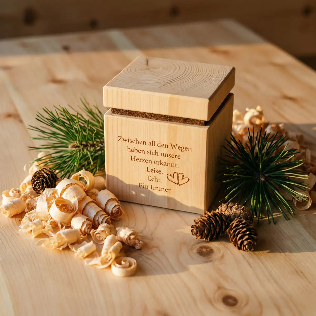 Handveredeltes Zirben-Unikat von GeschenkeReich auf hellem Holz mit Zirbenspaenen – exklusive Qualitaet aus der Kitzbueheler Kreativwerkstatt