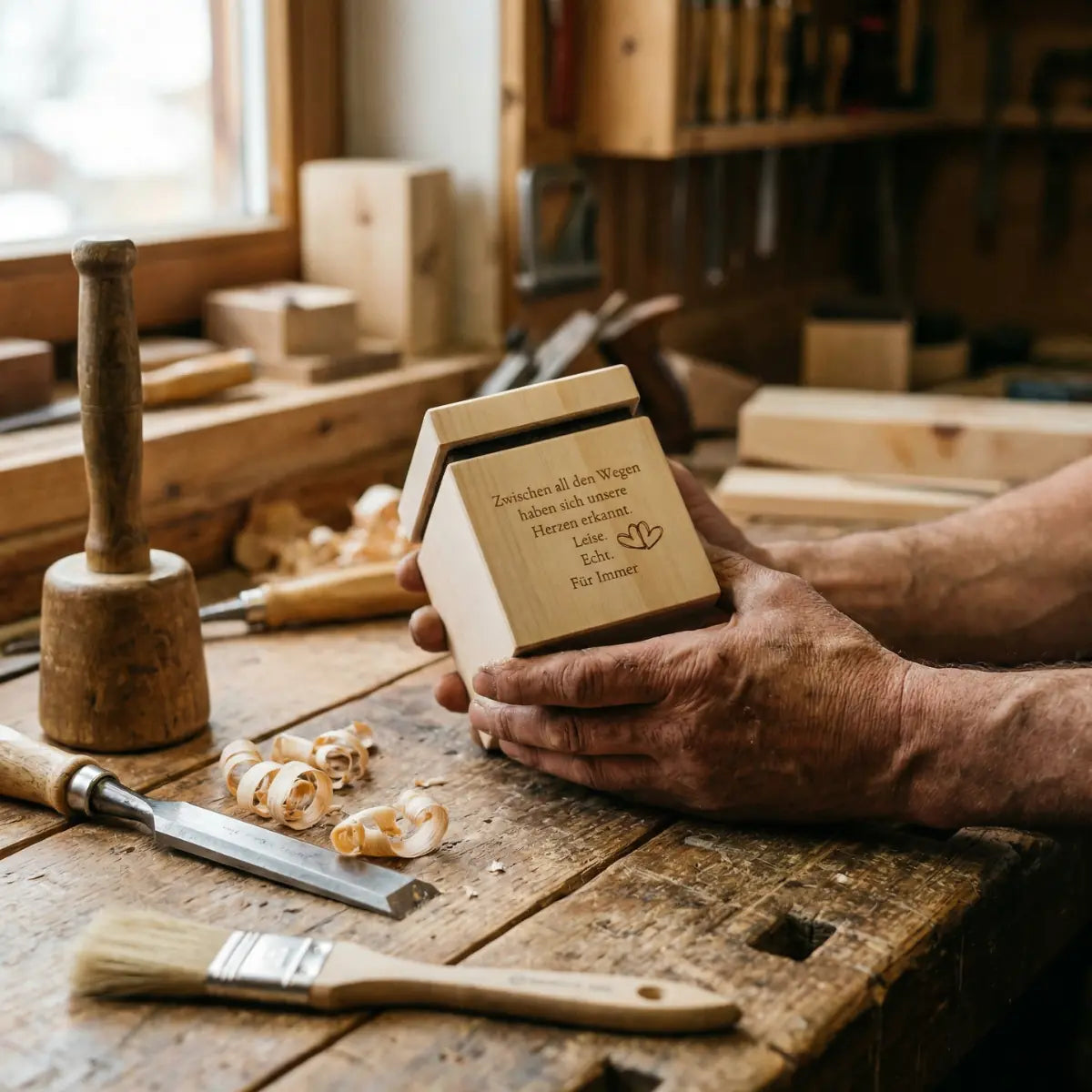 Ein handgefertigter Zirbenduftwuerfel aus Pinus cembra mit eingraviertem Liebesspruch in einer Werkstatt bei Kitz - Einzigartiges Geschenk.