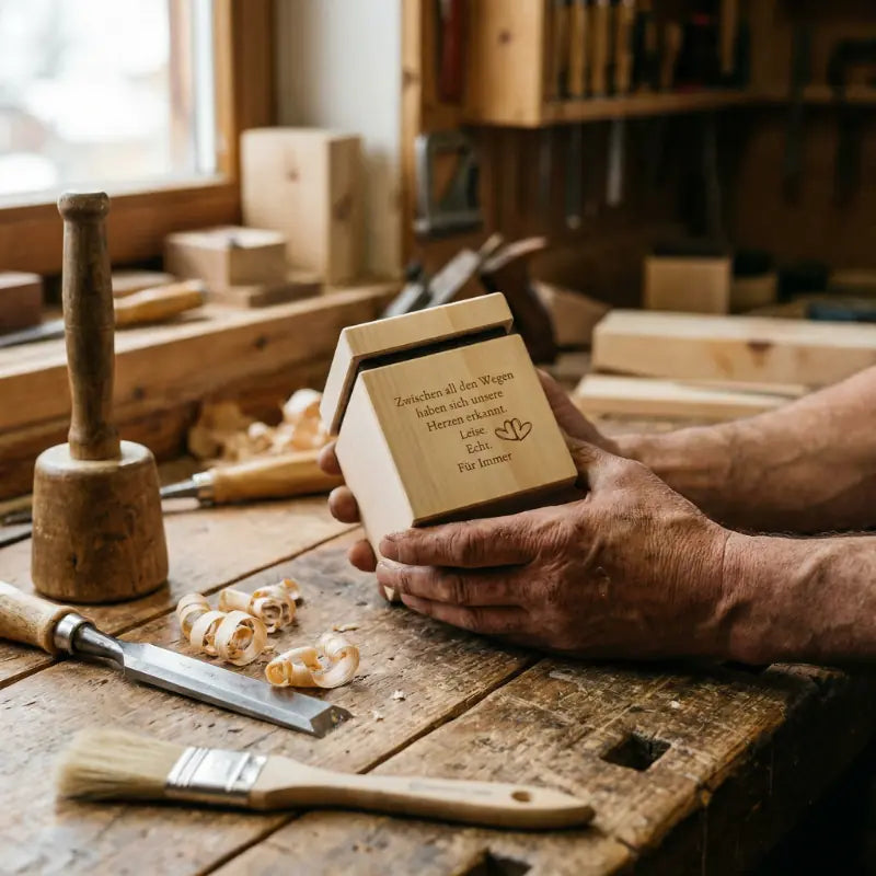 Ein handgefertigter Zirbenduftwuerfel aus Pinus cembra mit eingraviertem Liebesspruch in einer Werkstatt bei Kitz - Einzigartiges Geschenk.