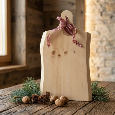 Rustikales XL Jausenbrett aus Zirbenholz mit rot-weiss karierter Schleife auf Holztisch mit Walnuessen und Tannenzapfen in einer Almhuette.