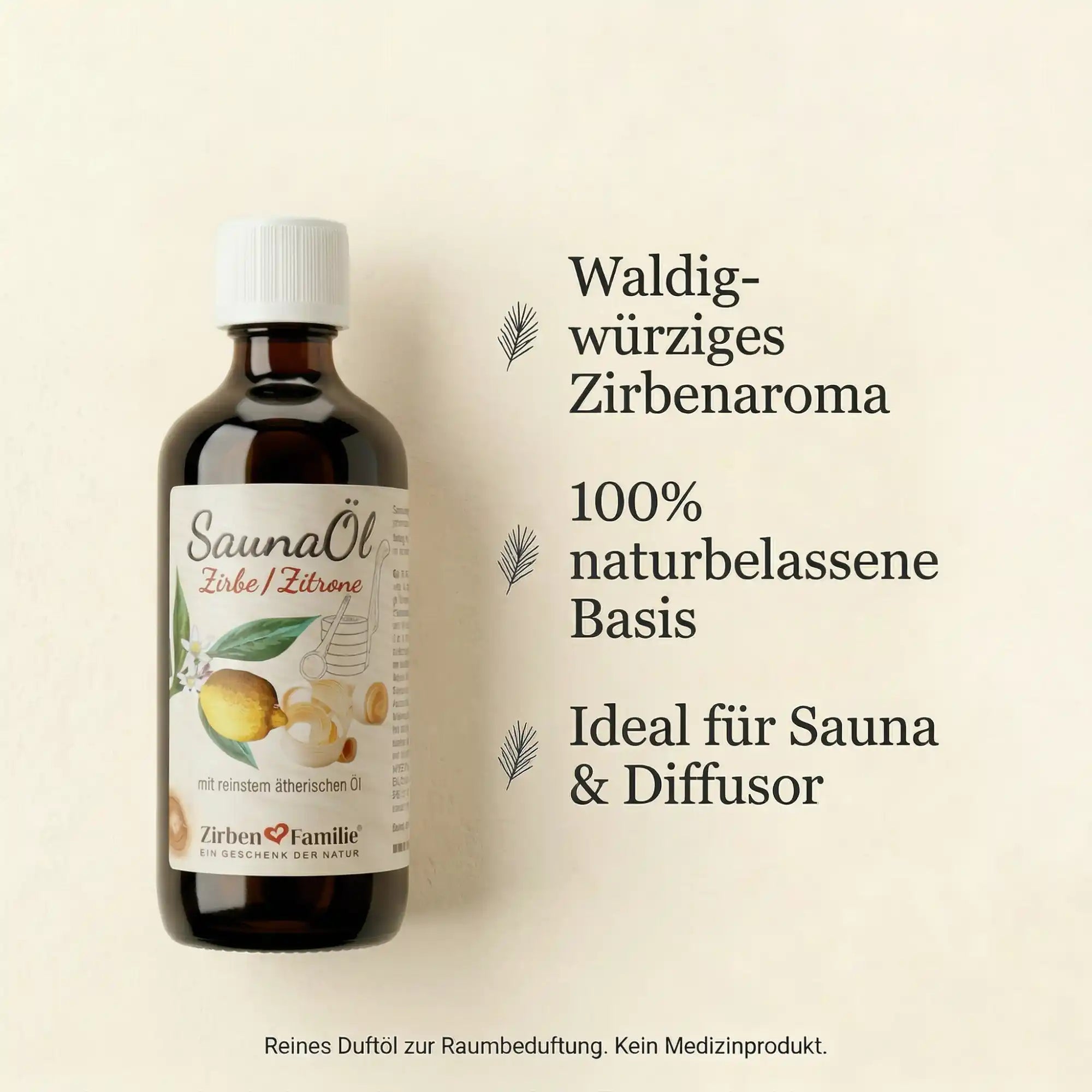 100ml Saunaöl Zirbe und Zitrone Flasche zentriert auf hellem strukturiertem Hintergrund im minimalistischen Boutique-Stil.