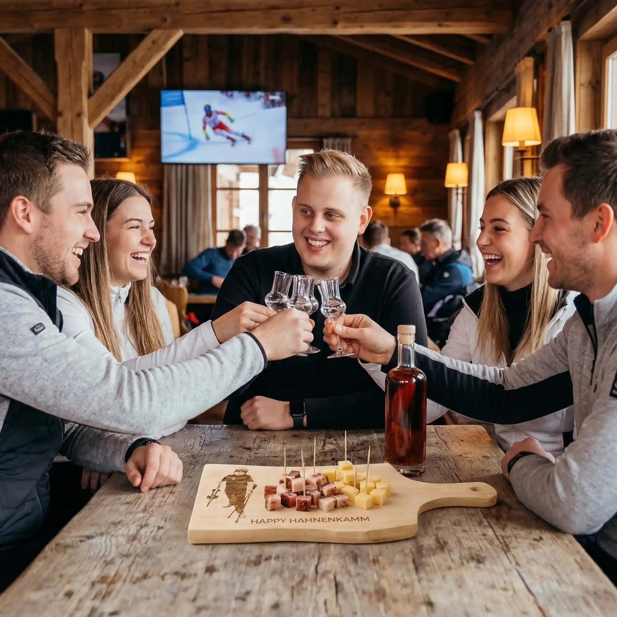 Individuelles Zirbenholz Jausenbrett mit eigener Hahnenkamm Fotogravur. Personalisiertes Zirbenbrett mit Wunschfoto als Geschenkidee für Skifans.