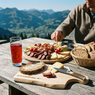 Zirbenholz Jausenbrett mit lizenziertem Kitzbuehel Schriftzug, serviert auf einer Berghuette mit Jause und Bergblick.