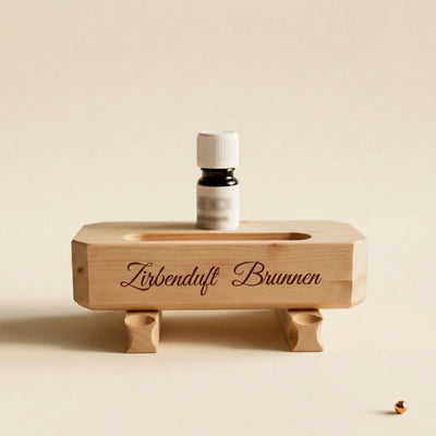 Zirbenduft-Brunnen aus Zirbenholz mit eingesetzter Oelflasche auf beigem Hintergrund mit Kupferpunkt.