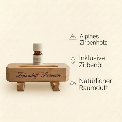 Zirbenduft-Brunnen Setkarte mit eleganter Schrift und Icons fuer Zirbenholz Zirbenoel und Raumduft auf beigem Hintergrund.