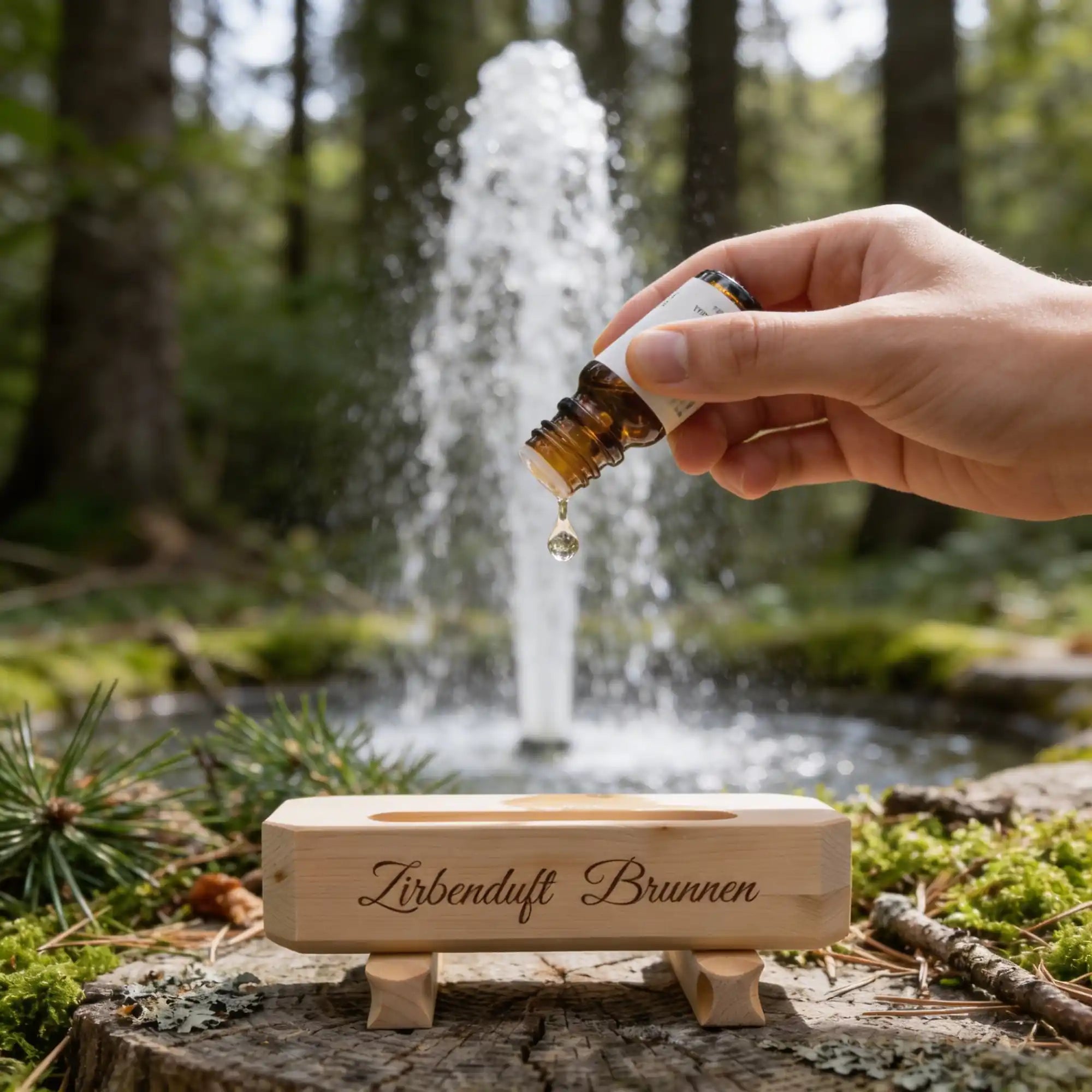 Anwendung des Zirbenduft-Brunnens im Wald; eine Hand haelt die Oelflasche ueber den Holzblock vor einem Wasserbrunnen.