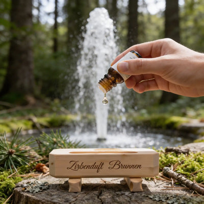 Anwendung des Zirbenduft-Brunnens im Wald; eine Hand haelt die Oelflasche ueber den Holzblock vor einem Wasserbrunnen.