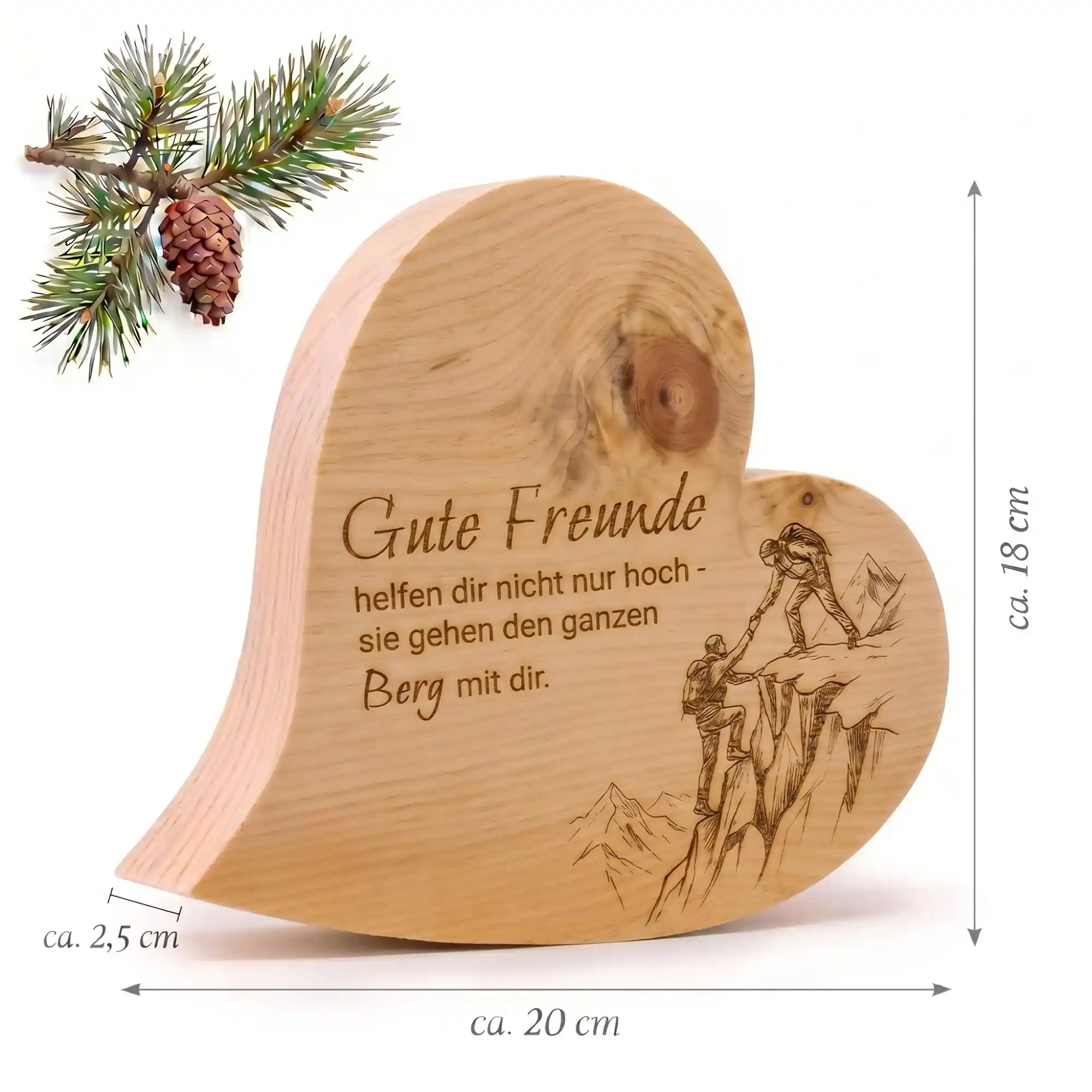 Zirbenherz Freunde Gravur aus Holz mit sichtbaren Massen als dekoratives Geschenk fuer Zuhause oder besondere Menschen.