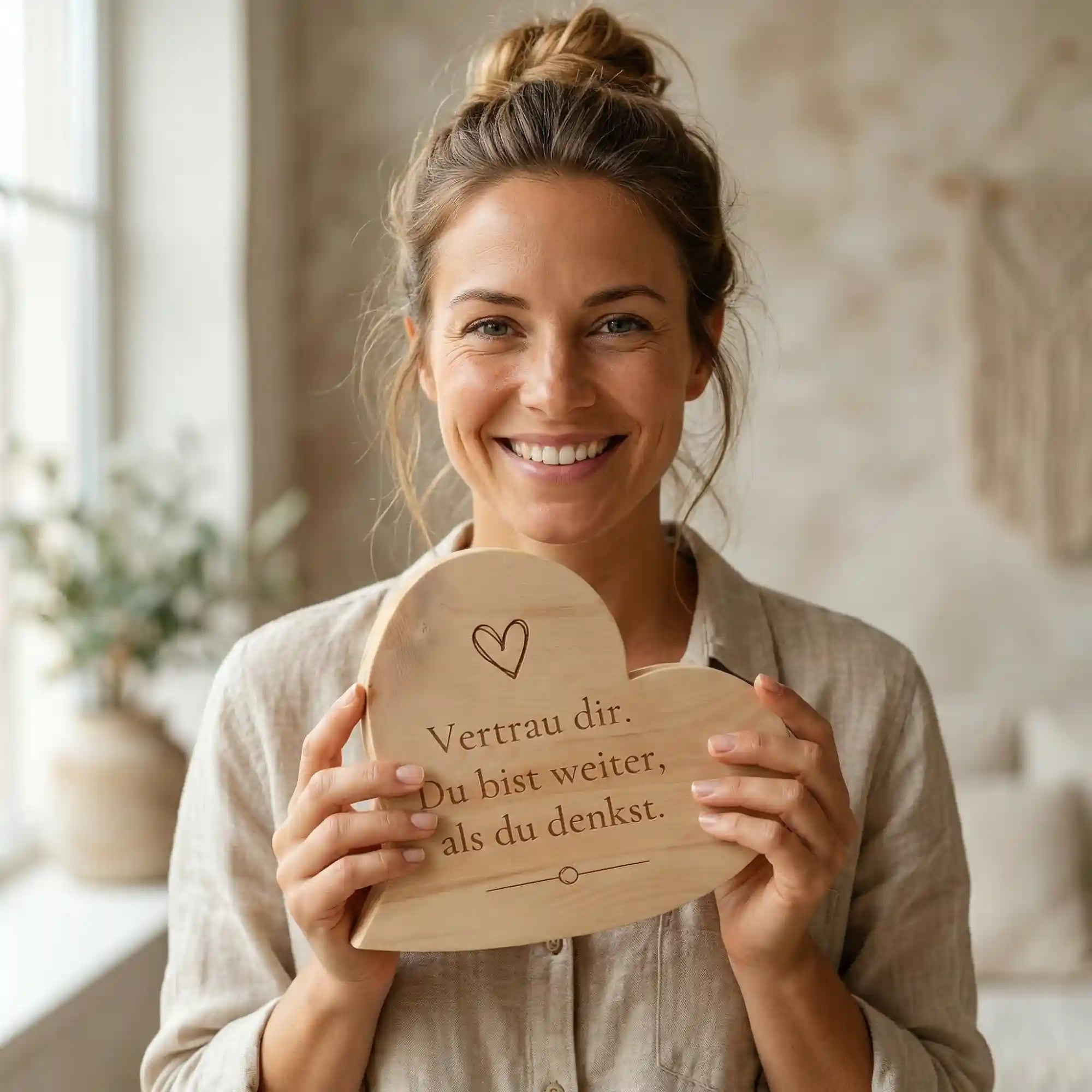 Zirbenherz mit Gravur Vertrau dir selbst. Personalisiertes Holzherz aus Zirbe als Selfcare Geschenk und Affirmation Deko.