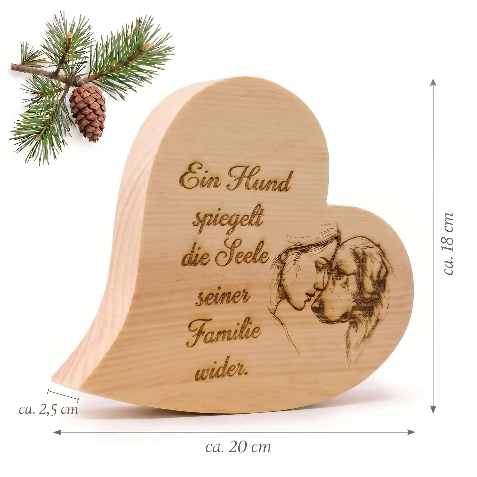 Zirbenherz aus Holz mit Hunde Gravur und Spruch uber Seele und Verbindung als Dekoration mit sichtbaren Massen.