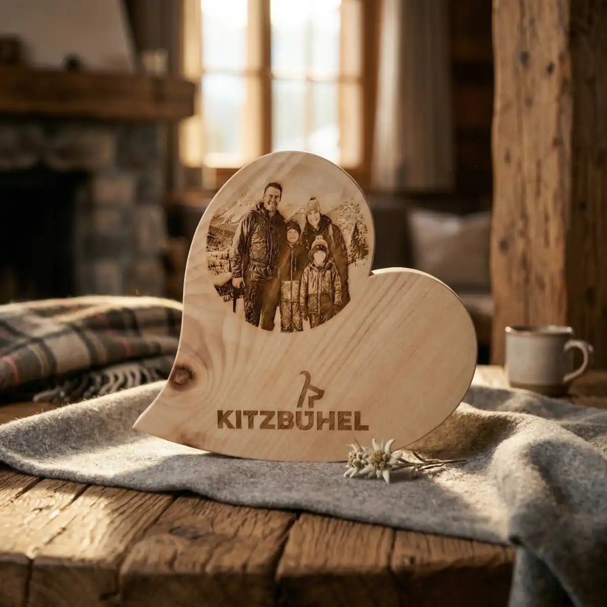 Personalisiertes Zirbenholzherz mit Fotogravur einer Familie und Kitzbuehel Logo auf rustikalem Holztisch im Chalet.