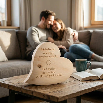 Zirbenherz mit Gravur Liebe bleibt als Geschenkidee fuer Paare. Personalisiertes Holzherz Deko auf Tisch im Wohnzimmer.